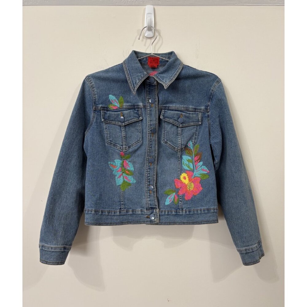 Womens Vintage Y2K Embroidered Denim Jacket Floral Button Front Very Vera Size M